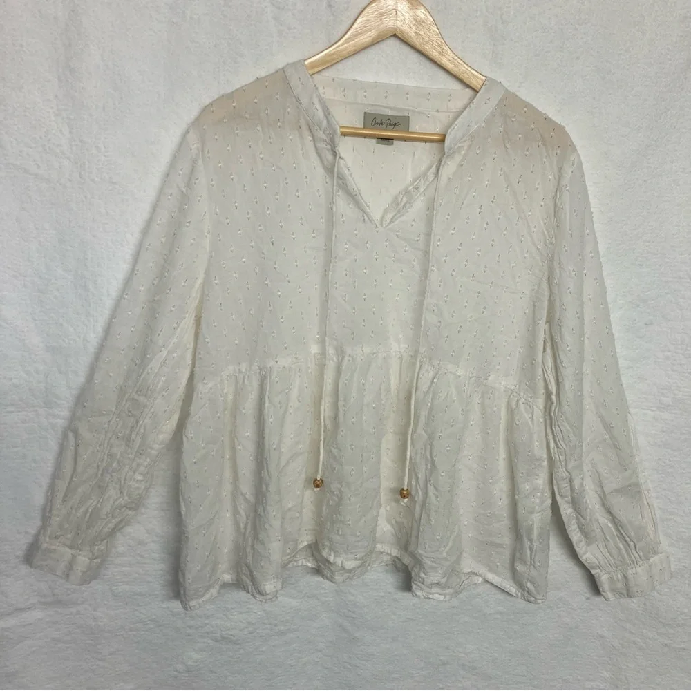Charlie‎ Paige White Swiss Dot Boho Peplum Blouse Tie Neck XL Cottagecore - Picture 3 of 6